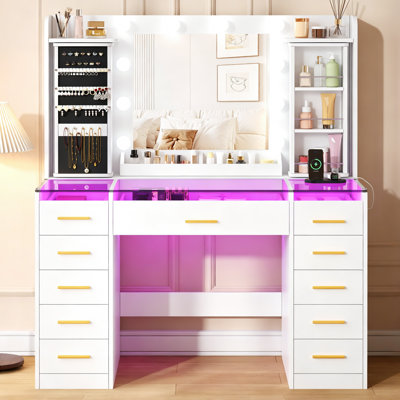 Vanity Desk with 11 Drawers & 360° Rotating Organizer, Mirror Lights, Glass Top & Power Outlet
