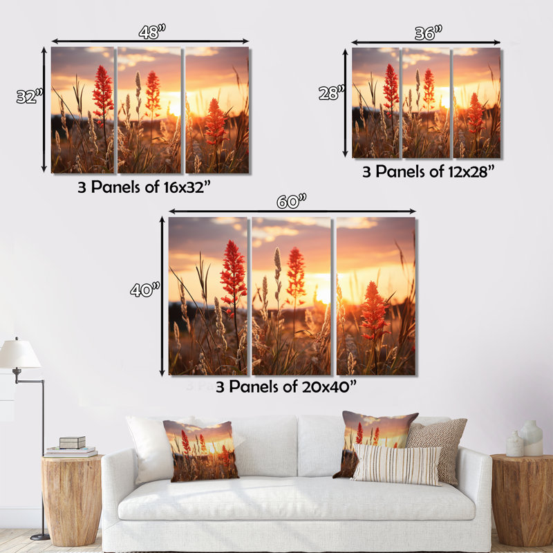 Ebern Designs Wildflowers Field with Sunset - 3 Piece Wrapped Canvas ...