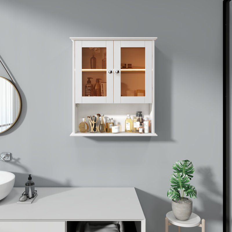 Armoire murale de salle de bain avec portes en verre Yanetzi entièrement assemblée, Blanc