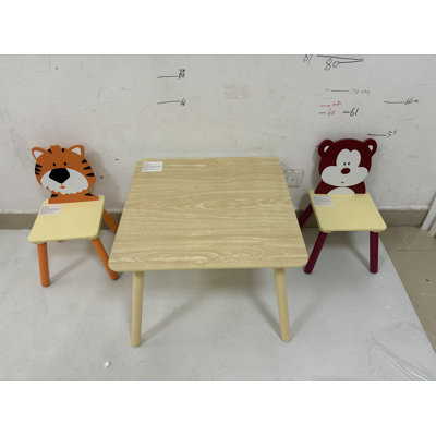 Kids Table and 2 Chairs Set, 3 Pieces Toddler Table and Chair Set, Wooden Activity Play Table Set (Bear&Tiger)