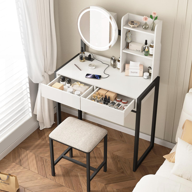 Meuble-lavabo compact avec miroir DEL, 3 modes d'éclairage, prise de courant, tiroir, tablettes et tabouret rembourré pour les petits espaces