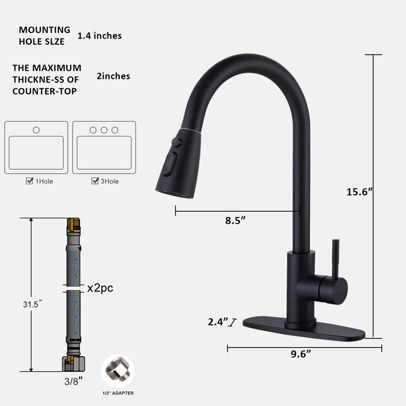 Kitchen Faucet With Sprayer, Stainless Steel High Arc Single Handle Sink Faucet, Suitable For 1 Hole Or 3 Holes., Black