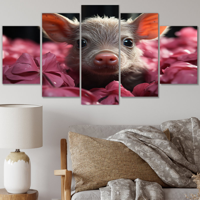 Cochon rose curieux I - animaux, art mural sur toile - 5 panneaux