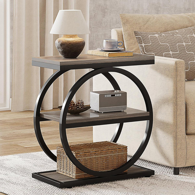 Table de bout étroite à 3 niveaux avec rangement, canapé d'appoint, Gris / Noir