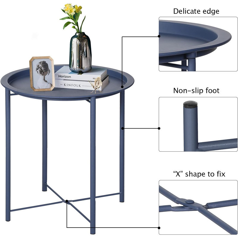 Small Round Side Table with Removable Tray, Folding Accent Table for Bedroom, Balcony, and Garden, Blue