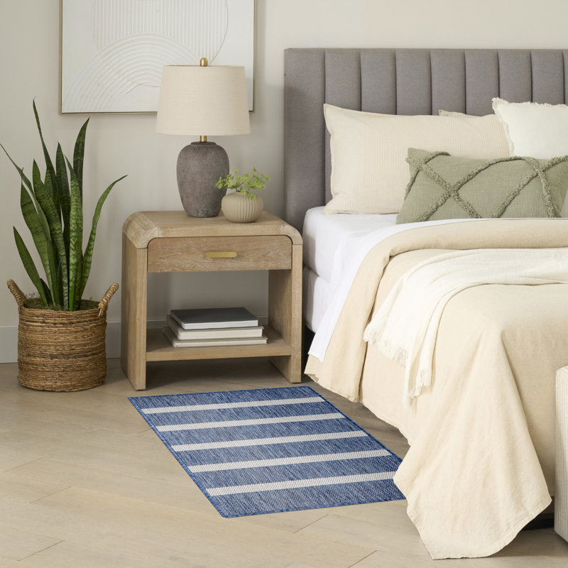 Shaila Striped Indoor / Outdoor Rug, Runner 2' x 6', Navy Blue/Ivory