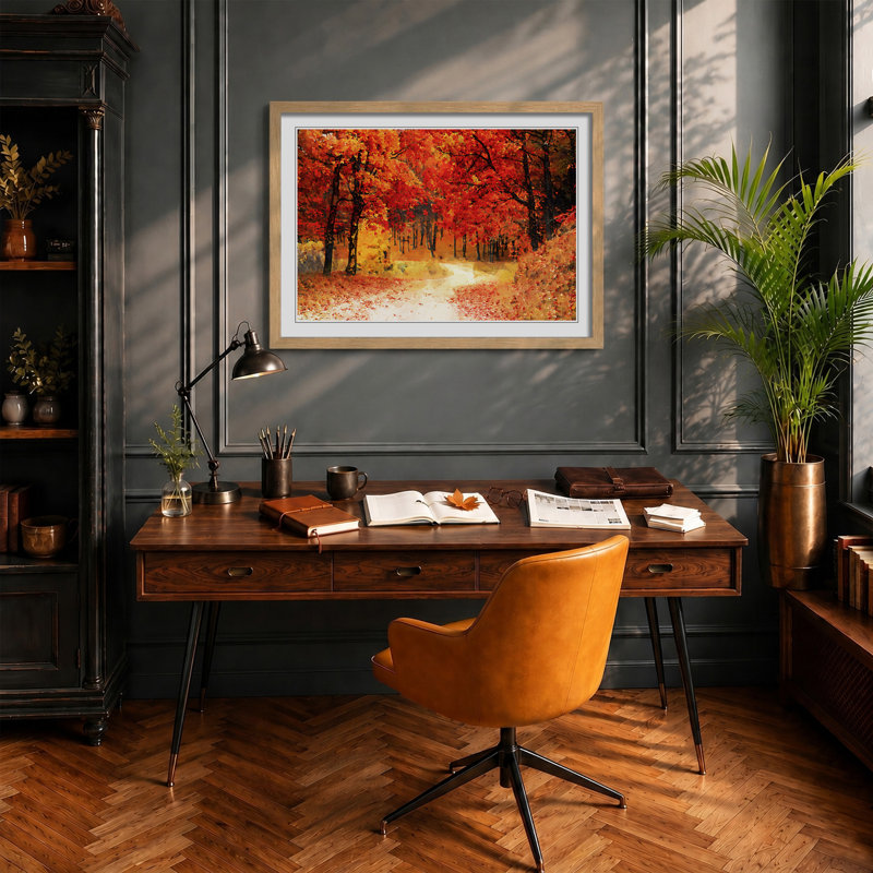 Path Through the Forest at Autumn in Abstract - Framed Print, 62cm H x 87cm W x 2cm D, Oak Framed
