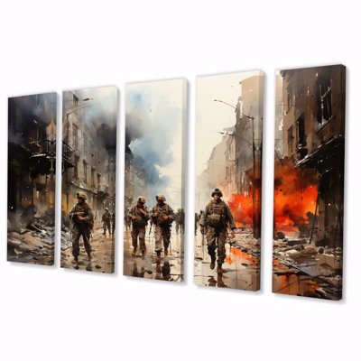 Heros In Action I - Fireman Canvas Wall Art - 5 Equal Panels
