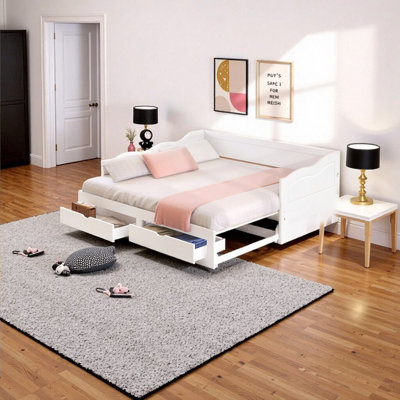 Elegant White Wooden Daybed with Trundle & Storage Drawers – Extendable Twin to King Size, No Box Spring Needed