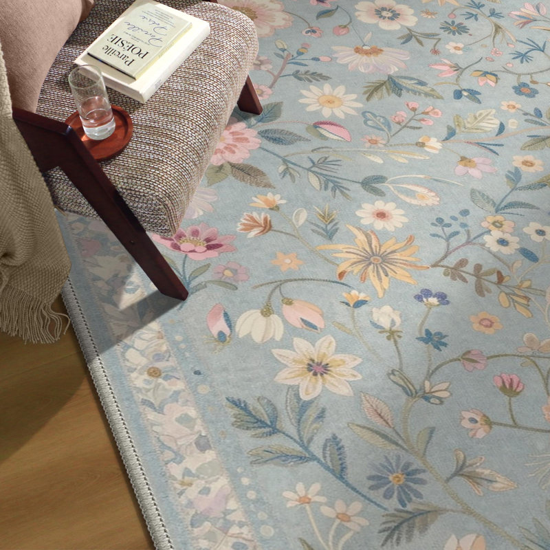 Tapis d'intérieur floral bleu / vert / beige lavable à la machine avec envers antidérapant Abbey Blossom, Rond 5 pi