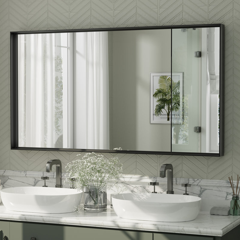 Aevar Tempered Glass and Aluminum Alloy Framed French Cleat Mounted Wall Mirror with 5-Year Warranty, 55" x 30", Matte Black