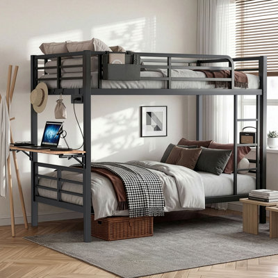 Twin Over Twin Bunk Bed with Foldable Desk and Charging Station, Metal Bunk Bed with LED Lights for Small Spaces