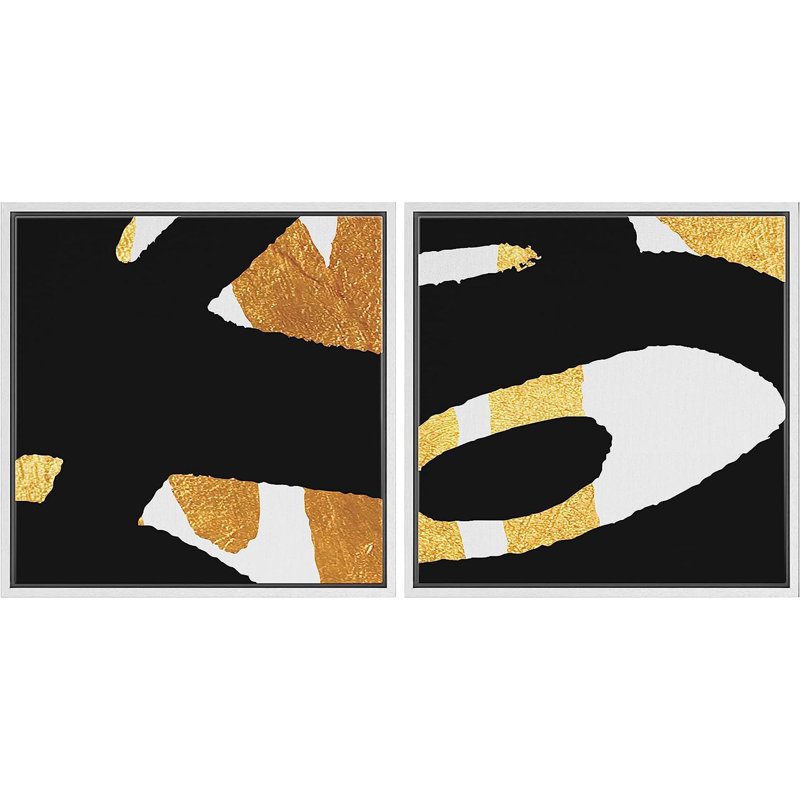 «Gold-Inspired Eye», lignes dorées et noires encadrées sur toile, 2 pièces, H 24 po x l 48 po x P 1,5 po, Blanc