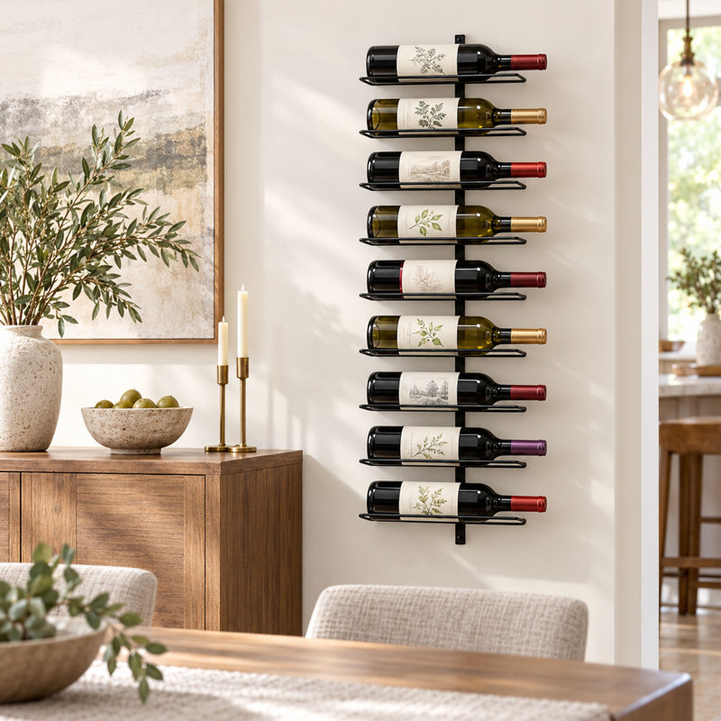 9 Bottle Wall Mounted Metal Wine Rack with Space-Saving Design, Black