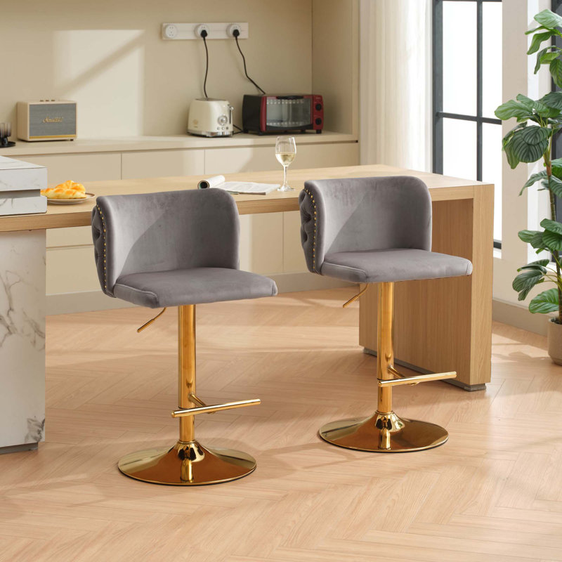 Jeneanne Upholstered Adjustable Height Counter Stool, Gold, Gray Velvet