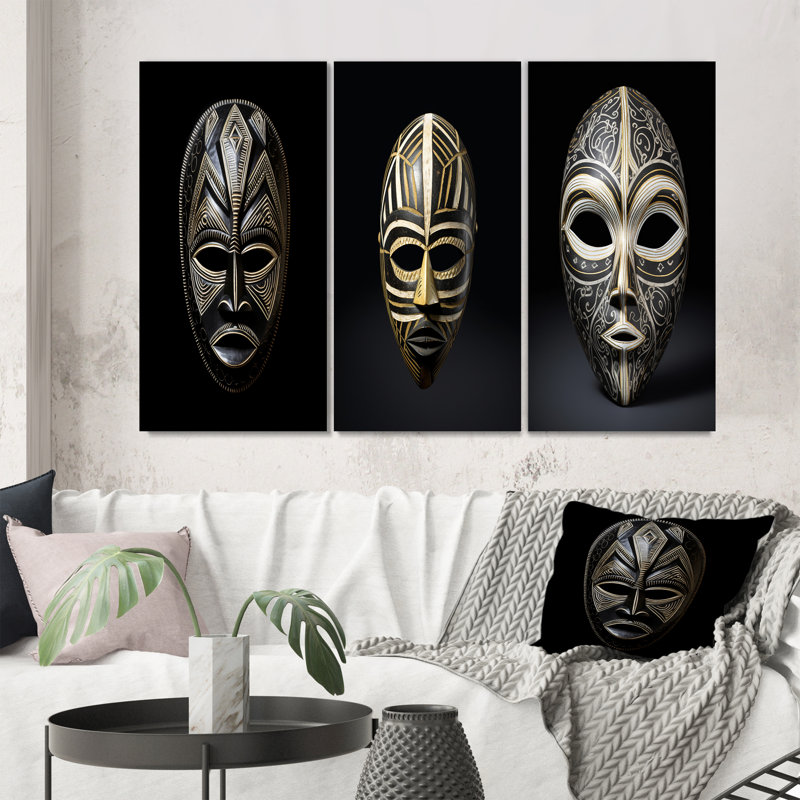 «Ethnical Traditional African Mask», 3 pièces sur toile, Encadré naturel, H 32 po x l 48 po