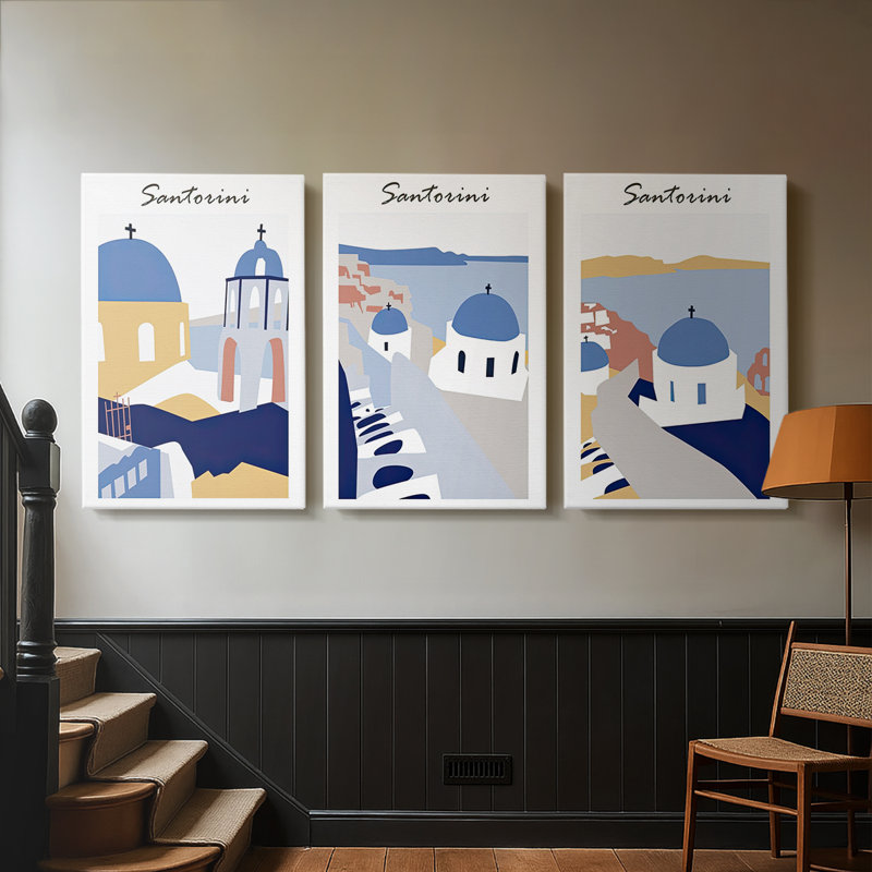 Santorini Grèce I, toile tendue sur mesure - 3 pièces, H 48 po x l 96 po