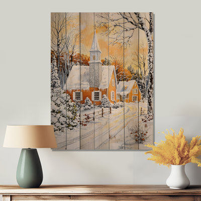 Église enneigée d'hiver au Canada II - Paysage traditionnel, art mural en bois sur bois de pin naturel