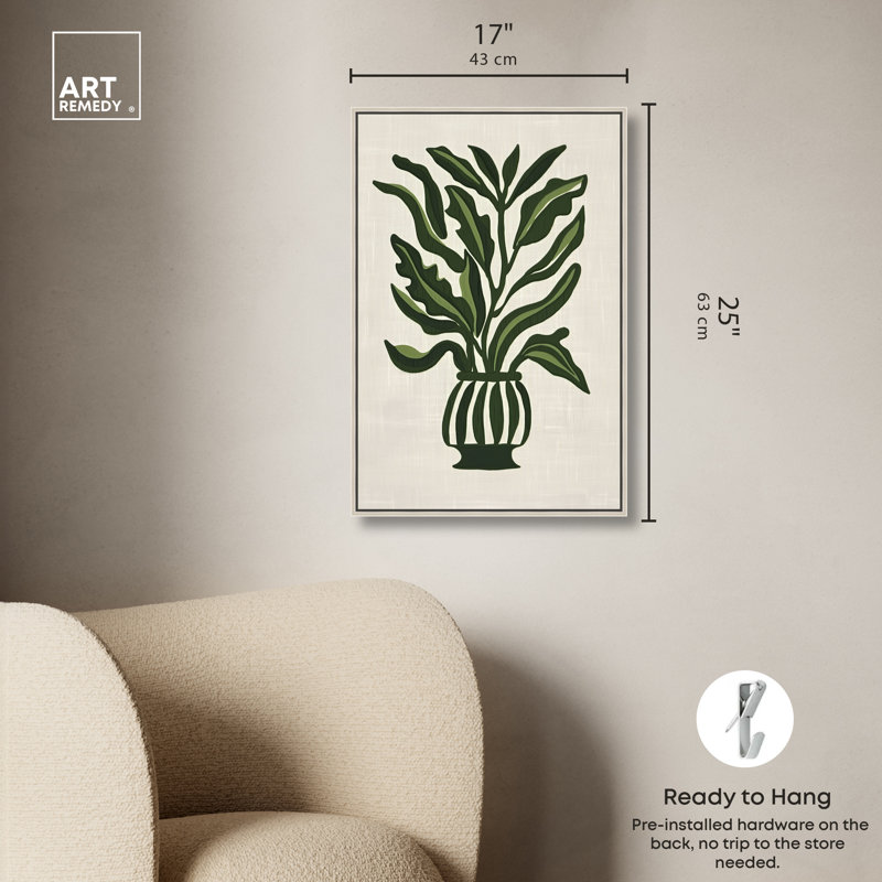 «Green Vase I Minimalistic Botanical Art Prints», art mural par Art Remedy, Cadre argenté, H 25 po x l 17 po