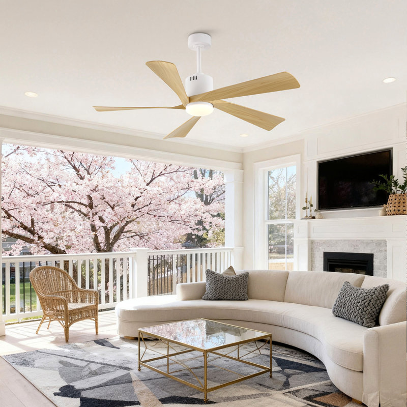 Ventilateur de plafond à DEL 5 pales 52 po avec ensemble d'éclairage et télécommande, Bois naturel