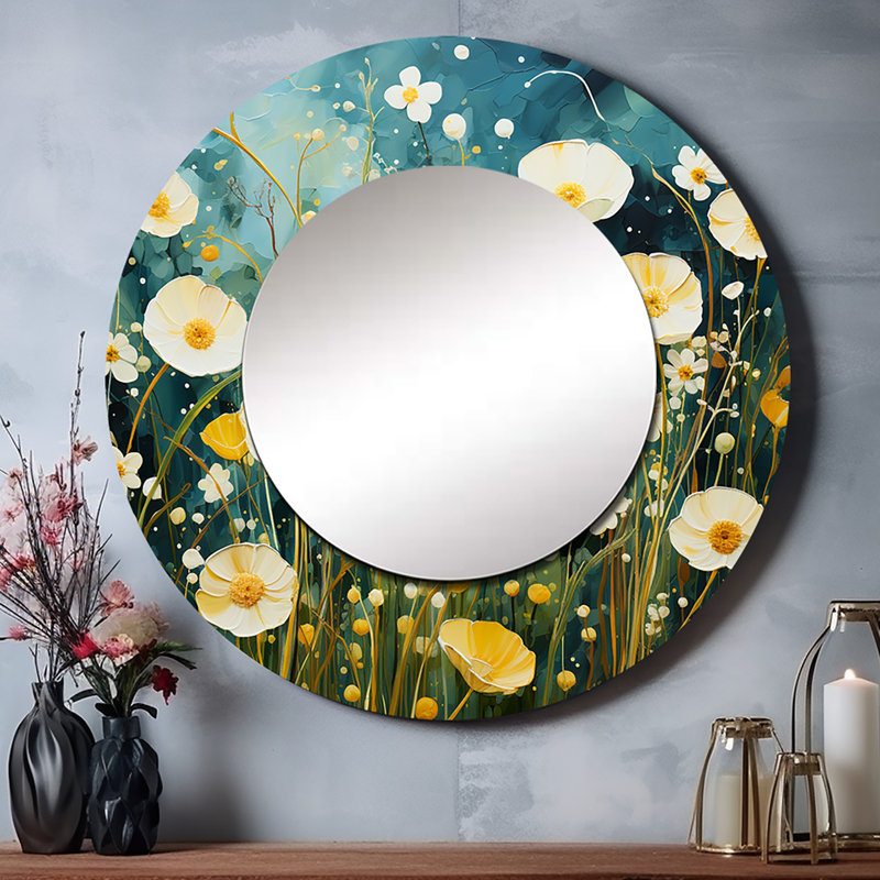 Teal White Buttercups Buttercup Meadow - Buttercups Round Mirror 36 Inch, 23" x 23", Round