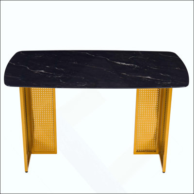Modern-Style Rectangular Tempered Glass Dining Table For 6, Featuring A Marble-Patterned Design With  Hollow-Out Metal Legs, An Ideal Dining Table For Living Rooms And Home Offices.