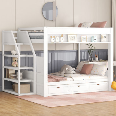 Lit superposé convertible en bois avec escalier de rangement
