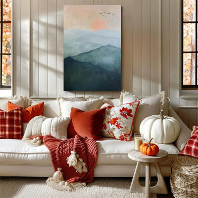 Peinture 1 pièce Almaraz encadrée mettant en vedette des montagnes en cascade, des oiseaux revenant au coucher du soleil, avec un lavis à l'encre. Affiche décorative de style rétro pour le mur, parfaite pour la décoration intérieure et comme pièce d'art moderne pour la chambre à coucher ou le salon