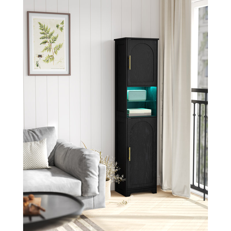 Tall Bathroom Cabinet with Lights, Slim Bathroom Storage Unit with 2 Doors and Adjustable Shelves, Narrow Storage Unit for Small Spaces