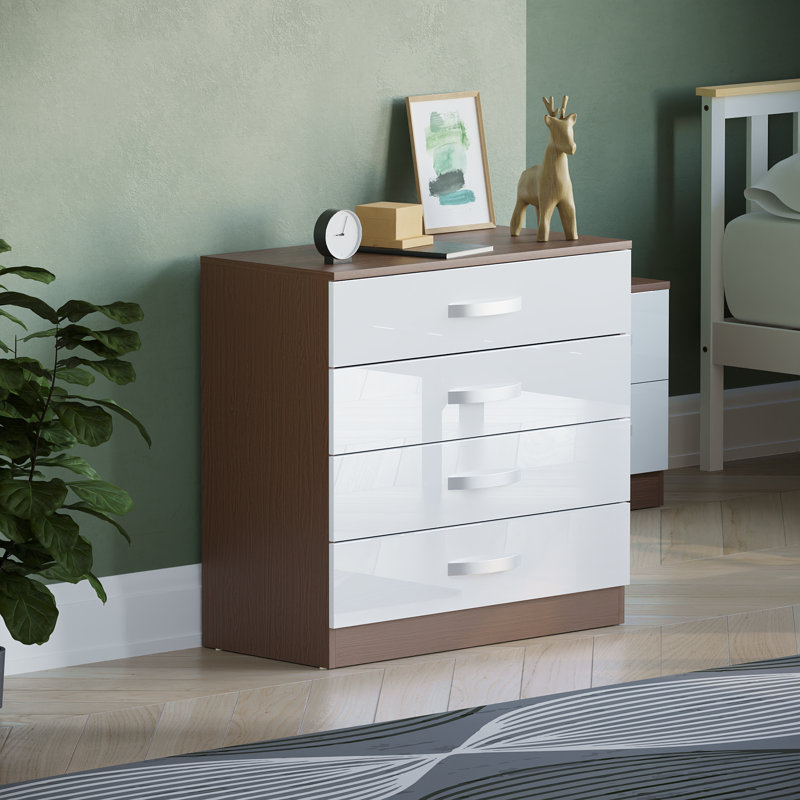 Arkadij 4 - Drawer High Gloss Chest of Drawers With Metal Runners, Modern Bedroom Storage Cabinet, White/Walnut
