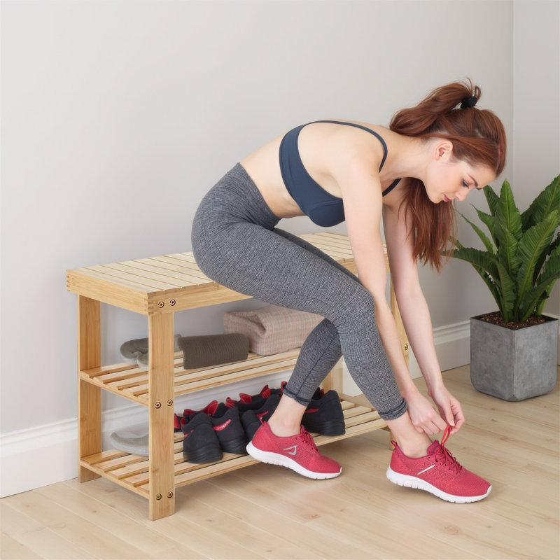 Shoe Rack Bench, 3-Tier Bamboo Entryway Storage Organizer, Frontdoor, Bedroom, Bathroom, Balcony, Wood