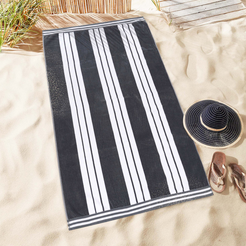 Chira Oversized Stripe Cabana 100% Cotton Beach Towel, Charcoal, Beach Towel - 2 Pack