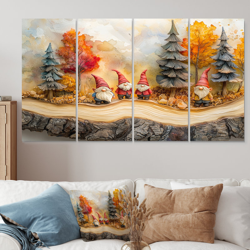 «Autumn Gnomes Family Into The Woods III» - Art mural gnome - Art mural moderne sur toile, H 28 po x l 48 po, 4