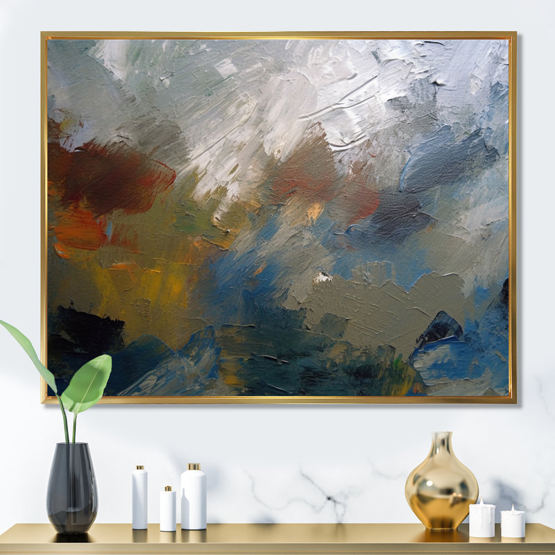 «Feeling Autumn Abstract» - rouge, orange, bleu, Cadre flottant doré, H 30 po x l 40 po x P 1,5 po
