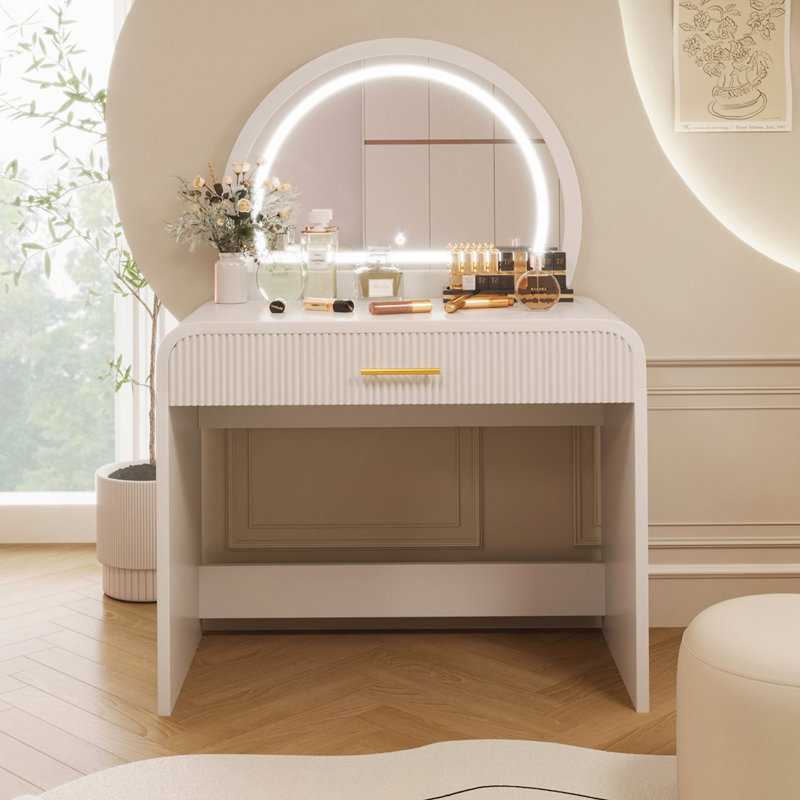 Table de coiffeuse avec miroir et miroir à écran tactile lumineux, coiffeuse avec tiroir pour chambre à coucher