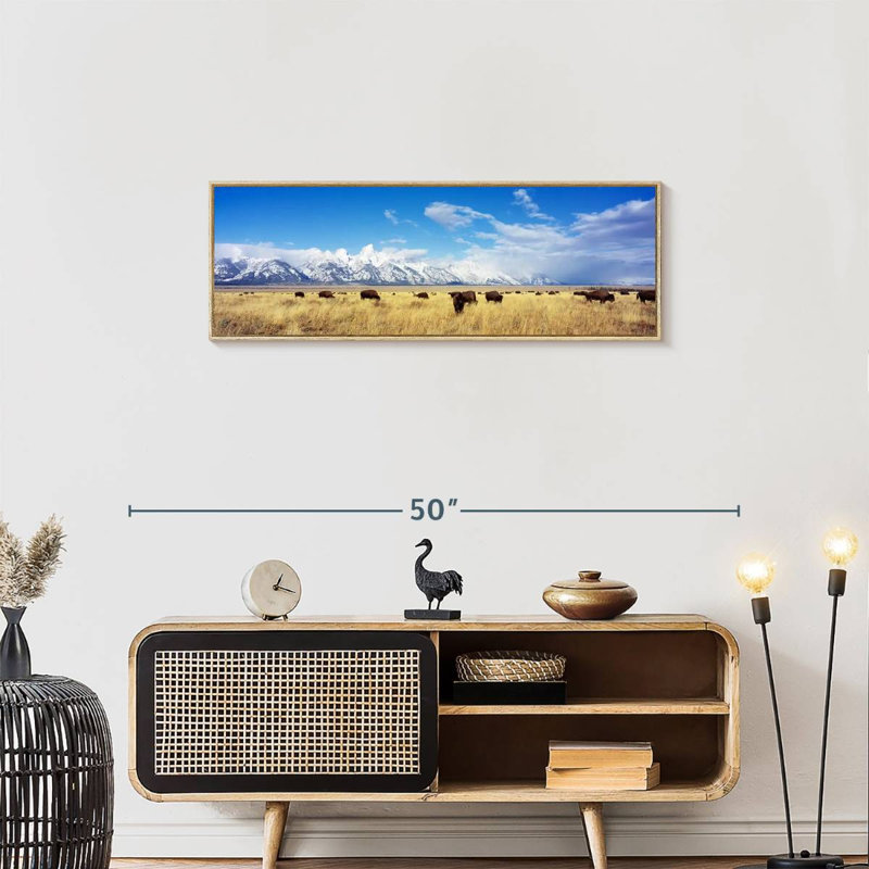 Troupeau de bisons au parc national de Grand Teton WY, 37" X 13", Floating Frame Natural Wood