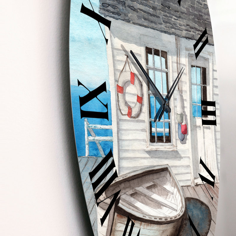White Beach Cabin On Wood Pier - Horloge murale nautique et côtière, Surdimensionné