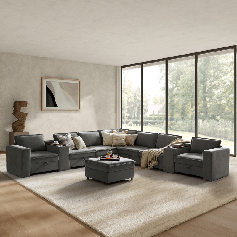Canapé modulaire de rangement 144 po Bessette avec station de charge et compartiment de rangement central, Polyester gris