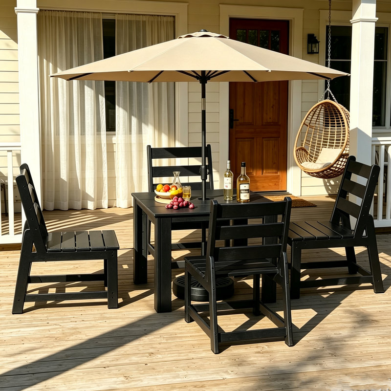 Ensemble repas 5 pièces avec trou pour parasol en PEHD, Noir