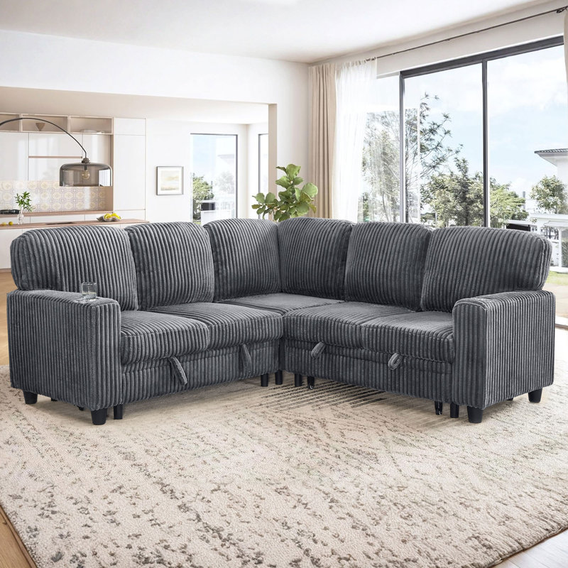 L-Shaped Sectional Sofa Bed With Pull-Out Bed & Storage, 5-Seat Sleeper Couch With USB Charging, Convertible Design For Living Room, Apartment, Corduroy Fabric