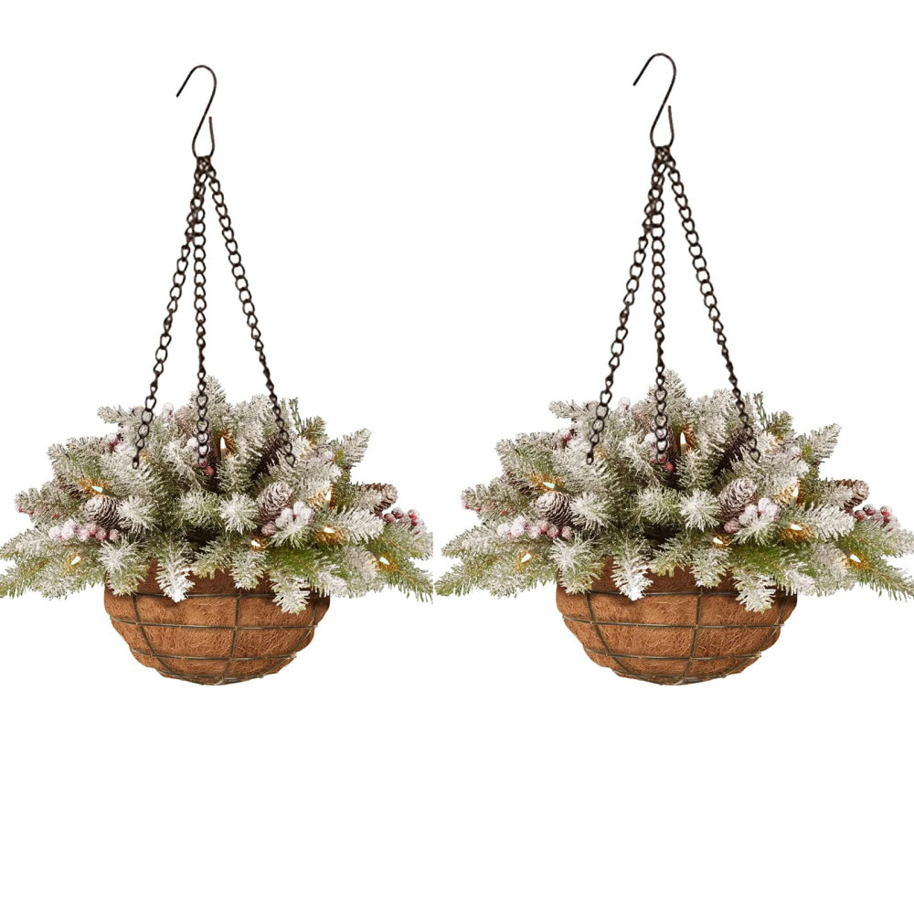 The Holiday Aisle® 2PCS Artificial Christmas Hanging Basket Flocked ...