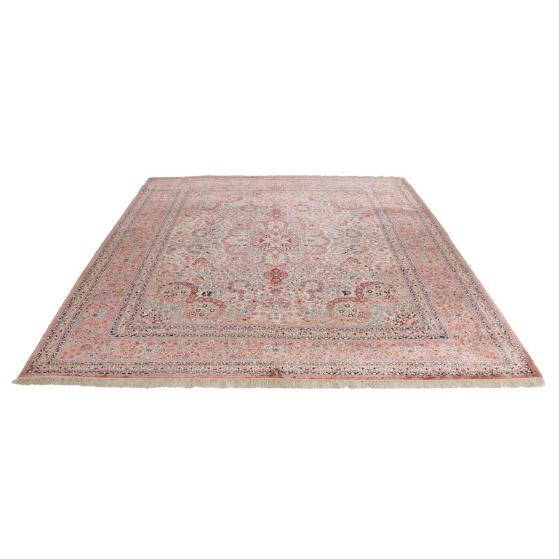 8x10 Ivory and Pink Turkish Silk Rug