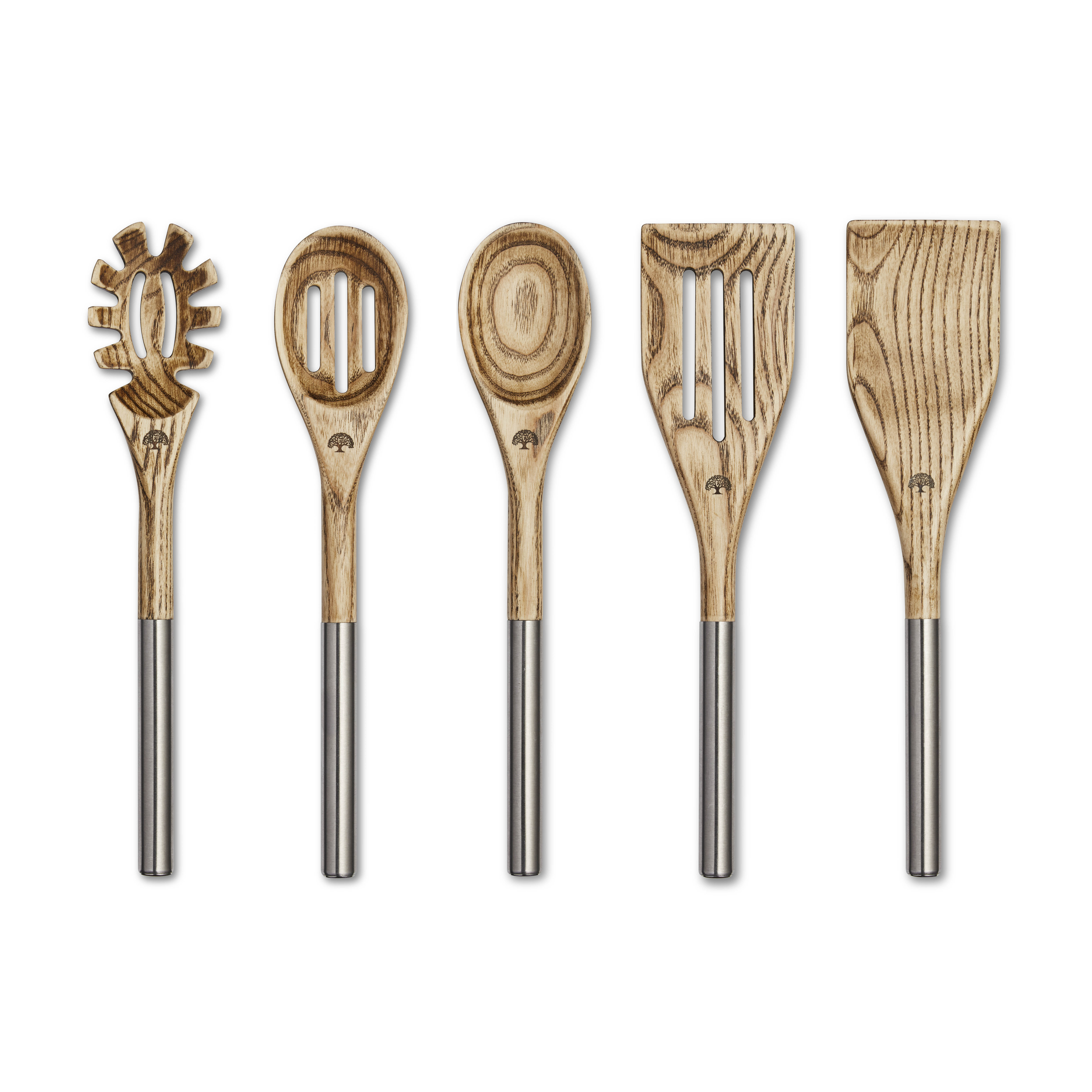 5 Piece Utensil Set, Ash Wood With Stainless Steel Accents
