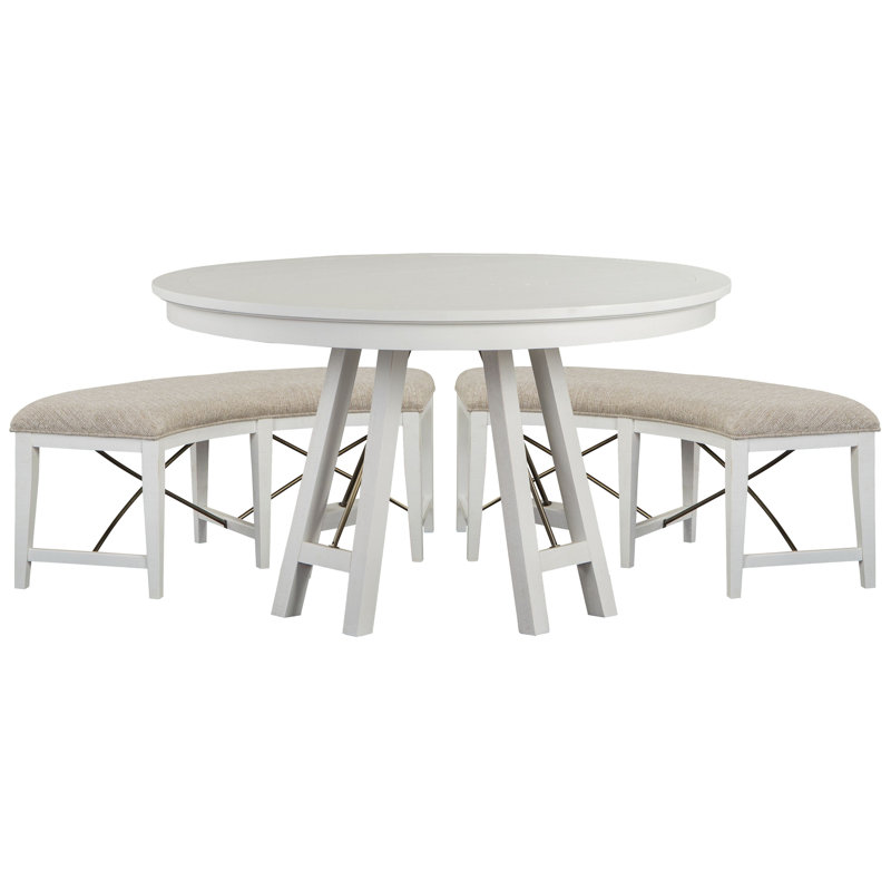 52" Round Dining Table With 2 Curved Bench, 3 Pieces: Table, 2 Benchs, White