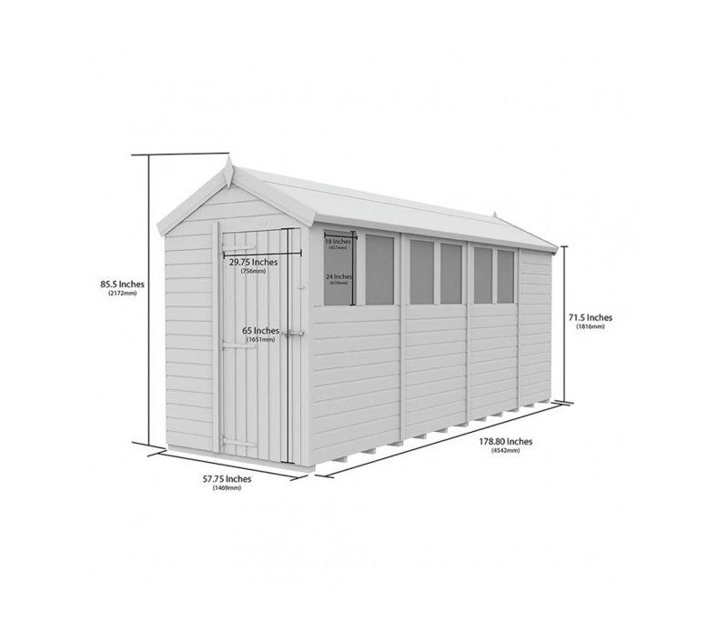 Total Sheds 5ft x 15ft Apex Garden Shed - Single Door - With Windows - Pressure Treated Timber - UK Manufactured