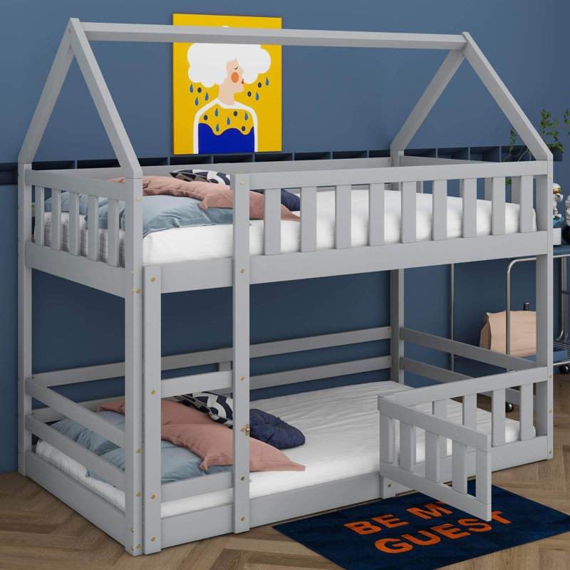Twin Over Twin House Bunk Bed With Fence And Door, Gray