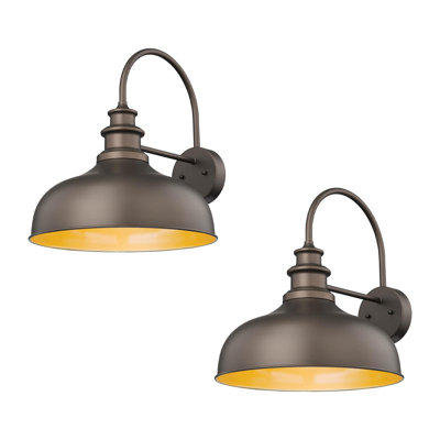 16 Inch Dome Large Outdoor Barn Light Farmhouse Outdoor Wall Sconce (Oil Rubbed Bronze+Gold, 16” Dome-2 Pack)