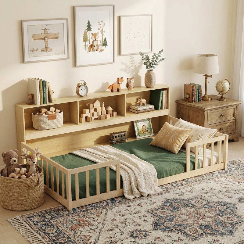 Lit simple au sol à profil bas Montessori avec bibliothèque de rangement ouverte sur les côtés, coins de sécurité arrondis, cadre stable et robuste, pas de sommier tapissier requis