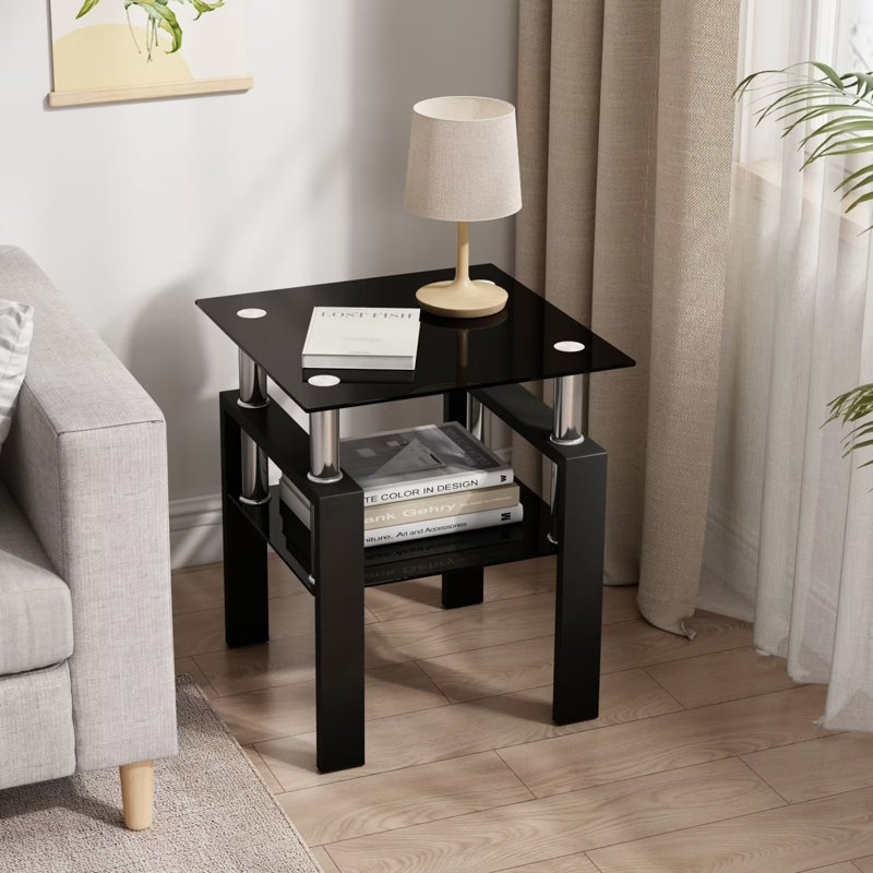 Table de bout en verre Catasha, Noir, H 20,5 po x l 17,72 po x P 17,72 po, 1