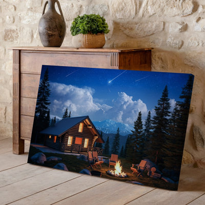Toile, "Cozy Mountain Cabin Scene At Night Illumined By A Wall Art", chaleureux, feu de camp crépitant au premier plan